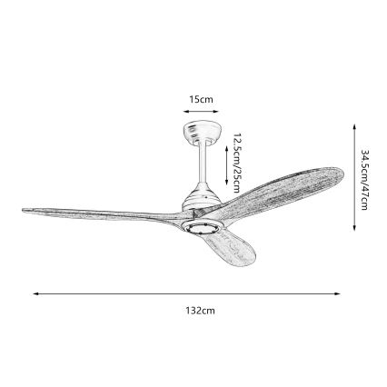 ZEVENTI - Griestu ventilators LAURIA Wi-Fi Tuya melns/ozols + tālvadības pults