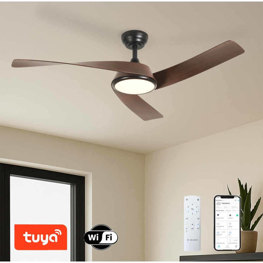 ZEVENTI - LED dimējams griestu ventilators AERYS LED/24W/230V 3000/4000/6000K Wi-Fi Tuya melns/rieksts + tālvadība