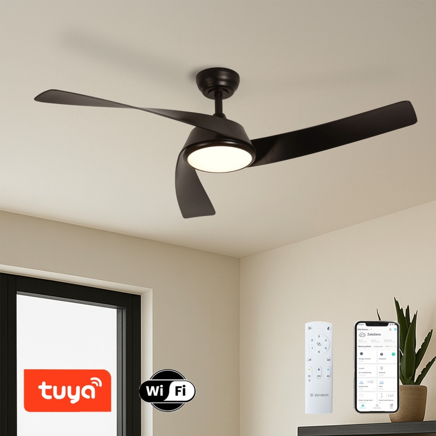 ZEVENTI - LED aptumšojams griestu ventilators AERYS LED/24W/230V 3000/4000/6000K Wi-Fi Tuya melns + tālvadības pults