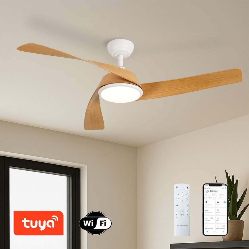 ZEVENTI - AERYS LED griestu ventilators ar regulējamu apgaismojumu LED/24W/230V 3000/4000/6000K Wi-Fi Tuya balts/ozols + tālvadības pults
