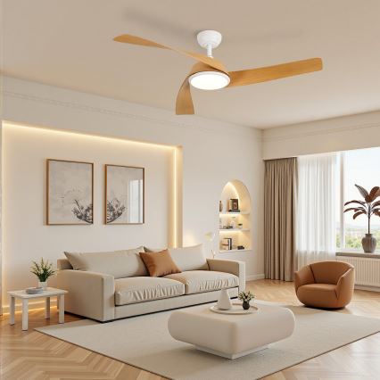 ZEVENTI - AERYS LED griestu ventilators ar regulējamu apgaismojumu LED/24W/230V 3000/4000/6000K Wi-Fi Tuya balts/ozols + tālvadības pults