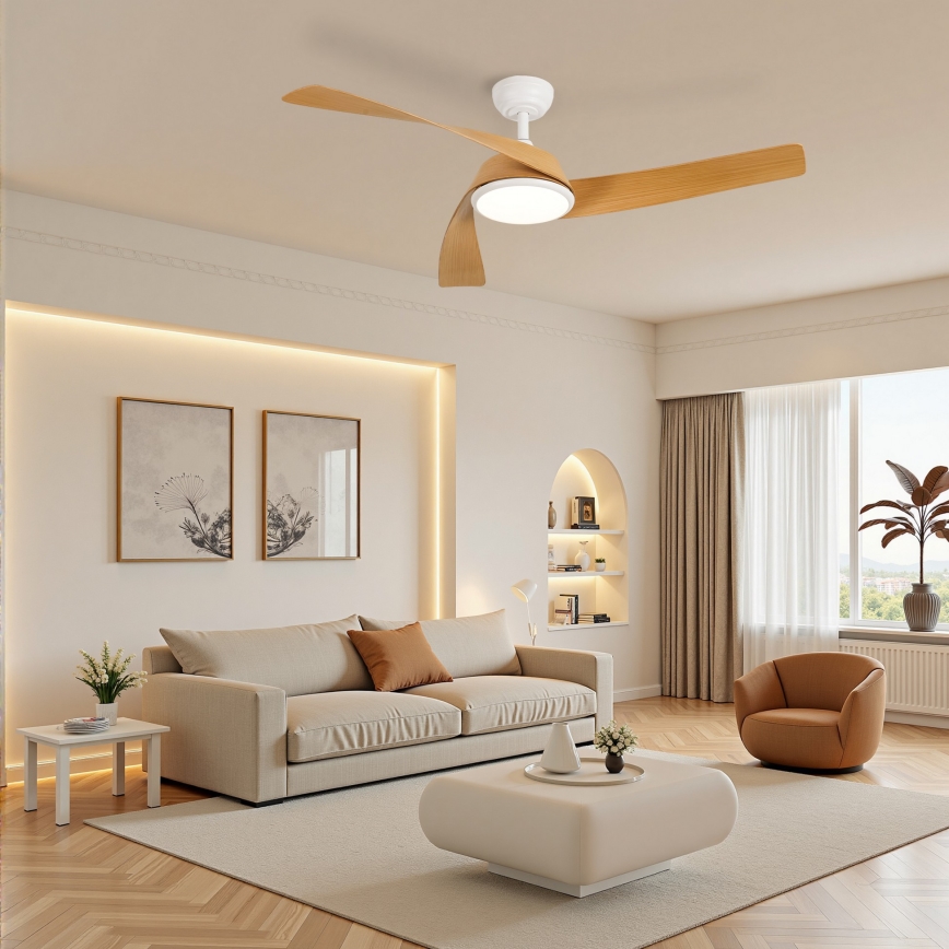 ZEVENTI - AERYS LED griestu ventilators ar regulējamu apgaismojumu LED/24W/230V 3000/4000/6000K Wi-Fi Tuya balts/ozols + tālvadības pults