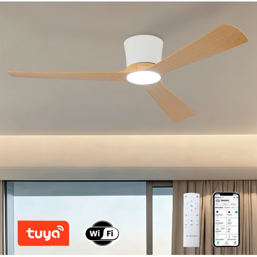 ZEVENTI - LED dimējams griestu ventilators AUREX LED/24W/230V 3000/4000/6000K Wi-Fi Tuya balts/ozols + tālvadība