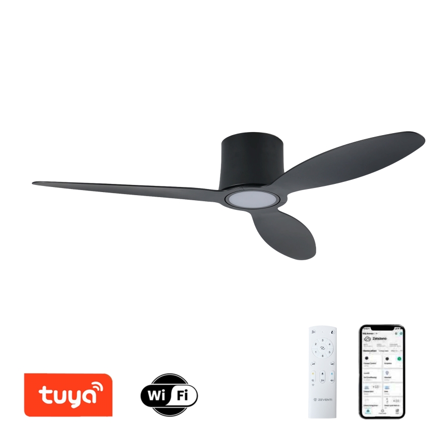 ZEVENTI - LED aptumšojams griestu ventilators VENTORA LED/24W/230V 3000/4000/6000K Wi-Fi Tuya melns + tālvadības pults