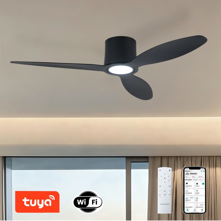 ZEVENTI - LED aptumšojams griestu ventilators VENTORA LED/24W/230V 3000/4000/6000K Wi-Fi Tuya melns + tālvadības pults