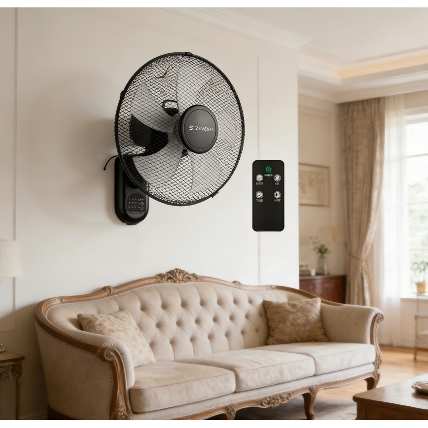 ZEVENTI - sienas ventilators FANNY 45W/230V diametrs 41 cm melns + tālvadības pults
