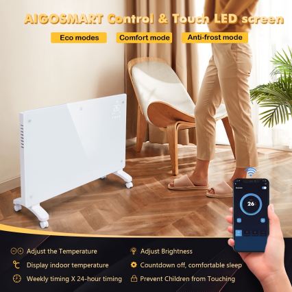 ZEVENTI - Viedais sienas uzstādāmais elektriskais tiešsildītājs/konvektors ar LCD displeju 1000/2000W/230V Wi-Fi balta