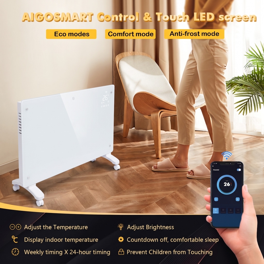 ZEVENTI - Viedais sienas uzstādāmais elektriskais tiešsildītājs/konvektors ar LCD displeju 1000/2000W/230V Wi-Fi balta