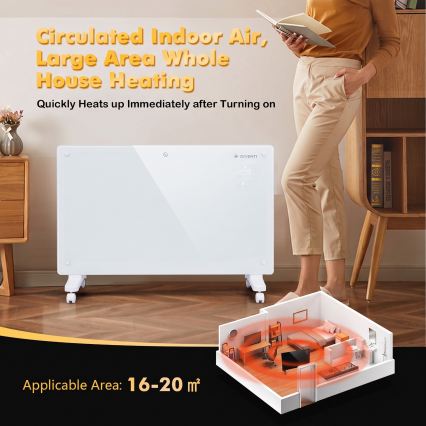 ZEVENTI - Viedais sienas uzstādāmais elektriskais tiešsildītājs/konvektors ar LCD displeju 1000/2000W/230V Wi-Fi balta