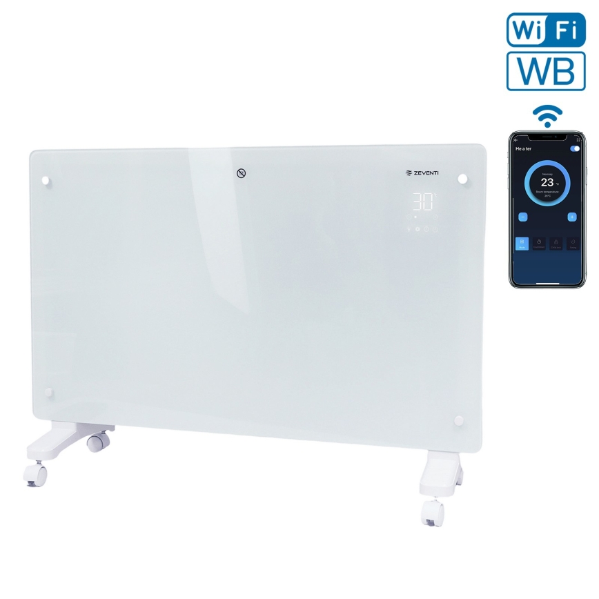 ZEVENTI - Viedais sienas uzstādāmais elektriskais tiešsildītājs/konvektors ar LCD displeju 1000/2000W/230V Wi-Fi balta