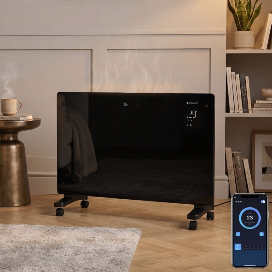 ZEVENTI - Viedais sienas elektriskais sildītājs/konvektors ar LCD displeju 1000/2000W/230V Wi-Fi melns