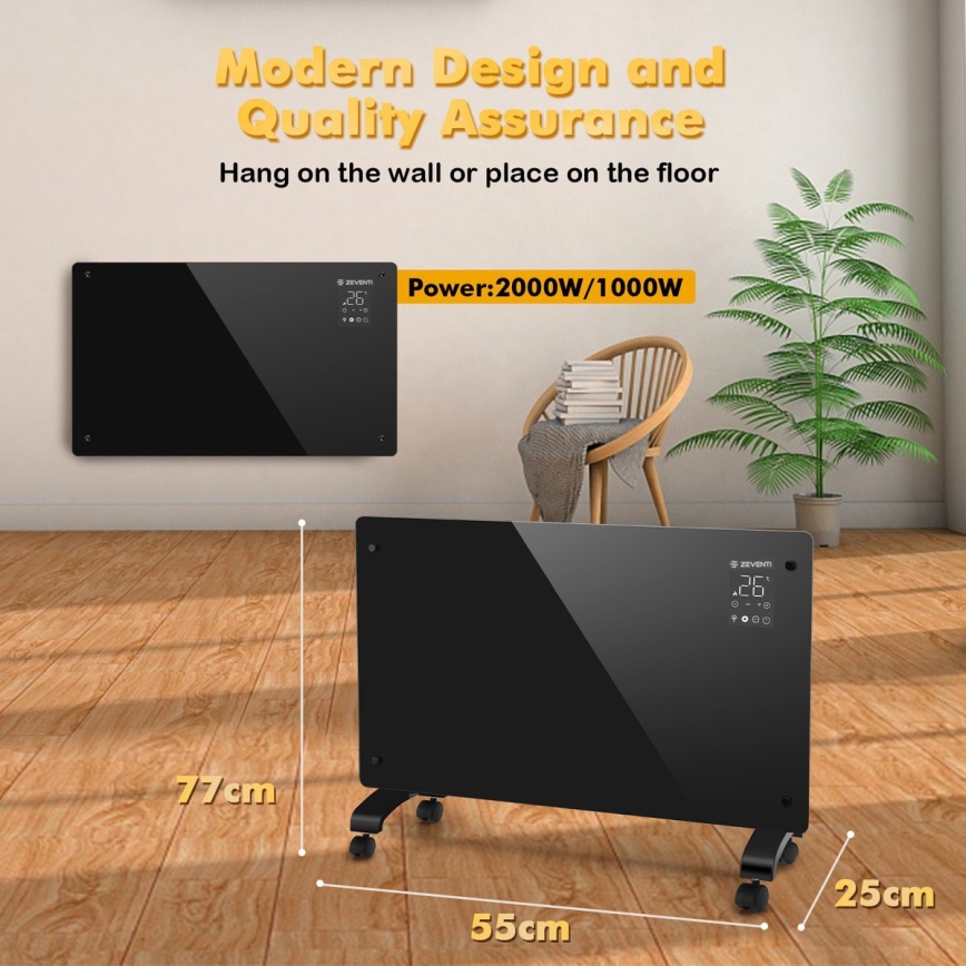 ZEVENTI - Viedais sienas elektriskais sildītājs/konvektors ar LCD displeju 1000/2000W/230V Wi-Fi melns