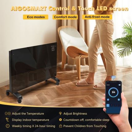 ZEVENTI - Viedais sienas elektriskais sildītājs/konvektors ar LCD displeju 1000/2000W/230V Wi-Fi melns