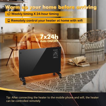 ZEVENTI - Viedais sienas elektriskais sildītājs/konvektors ar LCD displeju 1000/2000W/230V Wi-Fi melns