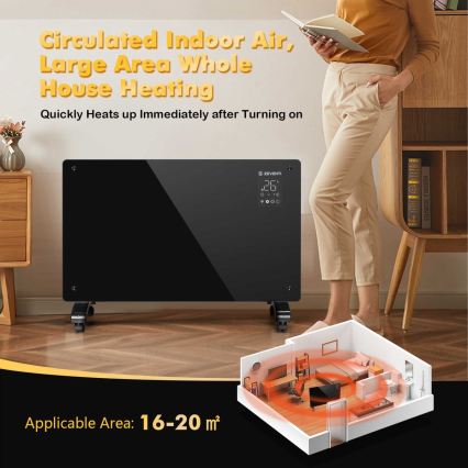 ZEVENTI - Viedais sienas elektriskais sildītājs/konvektors ar LCD displeju 1000/2000W/230V Wi-Fi melns