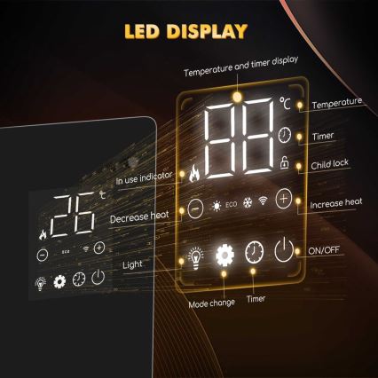 ZEVENTI - Viedais sienas elektriskais sildītājs/konvektors ar LCD displeju 1000/2000W/230V Wi-Fi melns