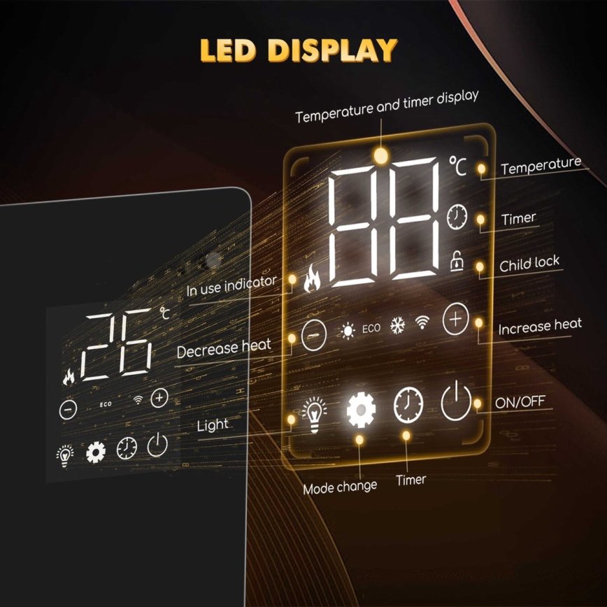 ZEVENTI - Viedais sienas elektriskais sildītājs/konvektors ar LCD displeju 1000/2000W/230V Wi-Fi melns