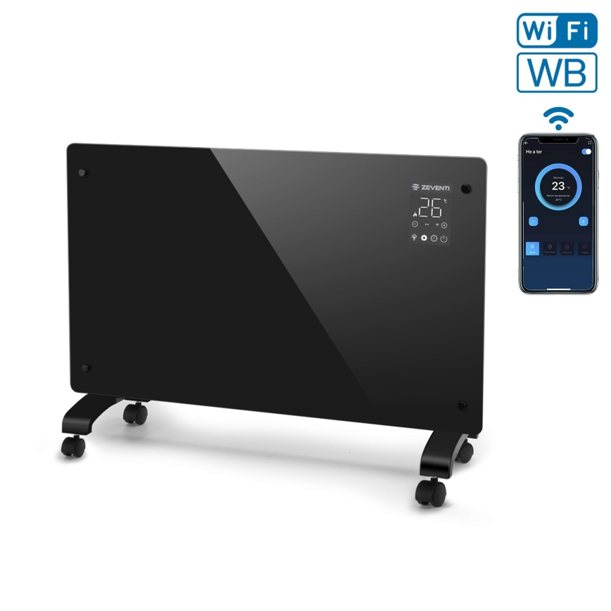 ZEVENTI - Viedais sienas elektriskais sildītājs/konvektors ar LCD displeju 1000/2000W/230V Wi-Fi melns