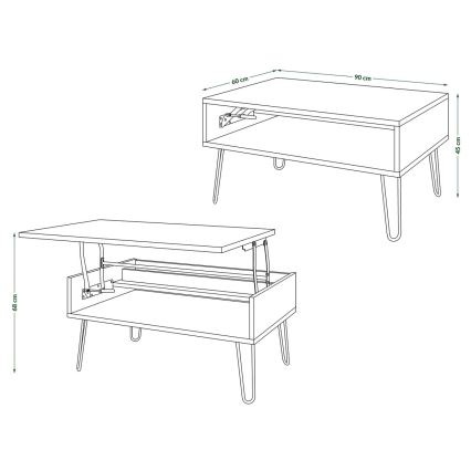 Žurnālu galds ar paceļamu virsmu un plauktu HALIJA craft ozols/melns